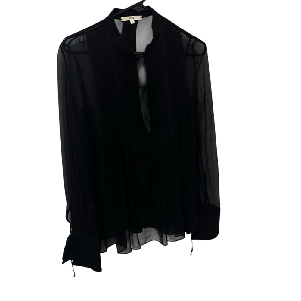 Rhie Black Sheer 2 front ties long sleeve flare sleeve blouse 100% silk size 2